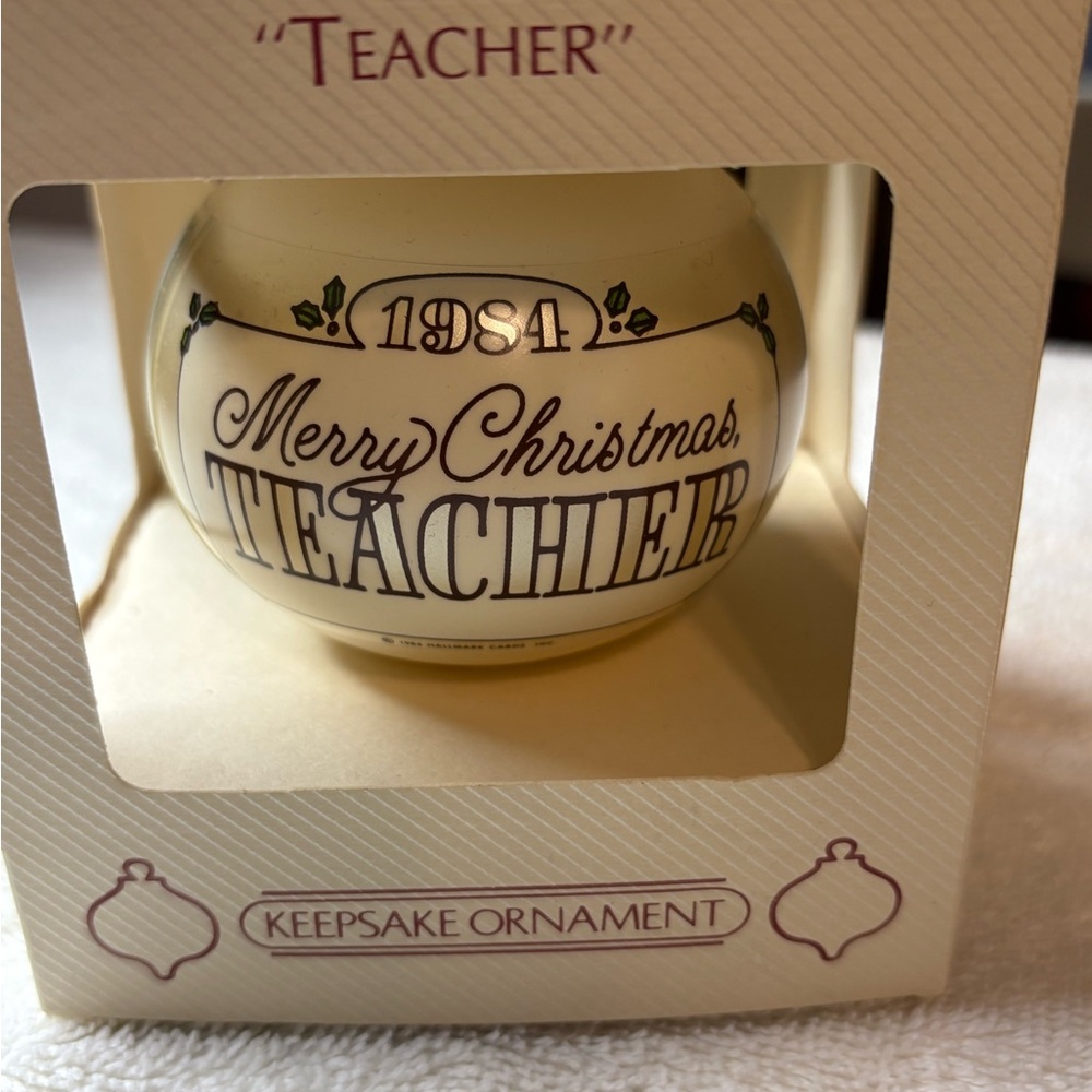 Hallmark 1984 Teacher Glass Ornament - Cream and Red